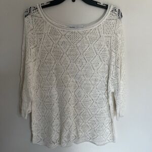 Women's Skovhuus Open Knit White Boat Neck 3/4 Sleeve Sweater Size Large